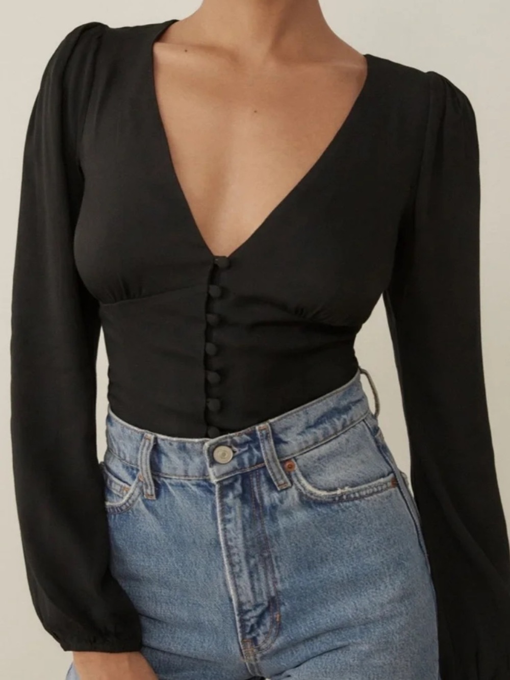 Reformation Nell Top Black Deep V Button Front Blouse XS Minimalist Basic